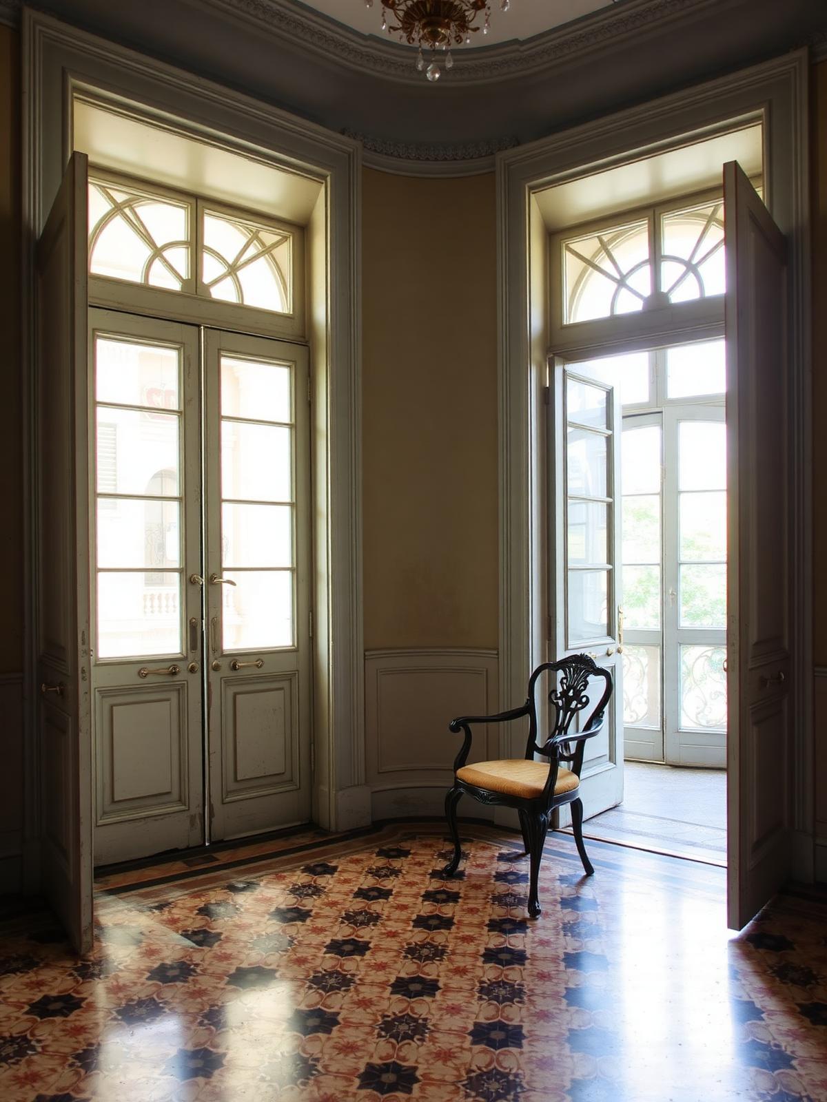 Interior of a colonial building in Havana with patterned tile floors and tall shuttered windows