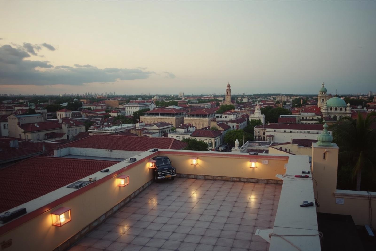 A rooftop terrace in Old Havana with the city skyline at dusk